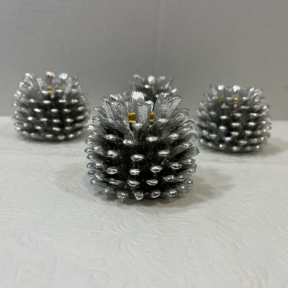 4 Silvertone Metallic Pine Cone Candle Holders Holiday Christmas Decoration - Picture 3 of 6